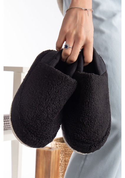 Kuzu Kumaş Yünlü Sessiz Taban Lastikli Kadın Ev Ayakkabısı Ev Botu Panduf