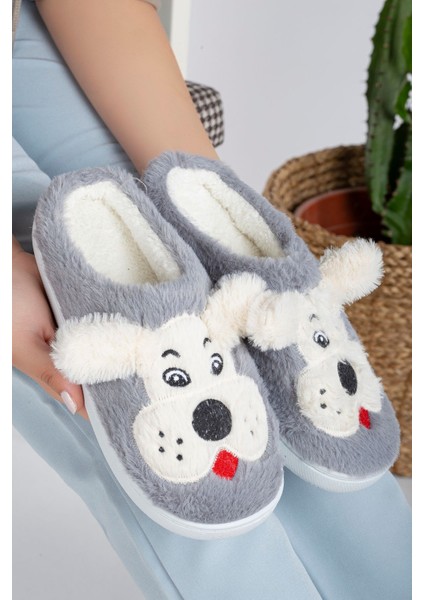 Köpekli Peluş Kaydırmaz Taban Ev Terliği