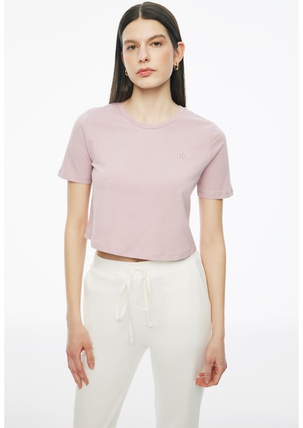Kelins Regular Fit Crop Boy Bisiklet Yaka Pembe Renk Kadın Tişört