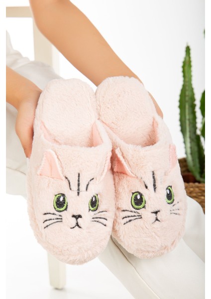 Kadın Kedi Figürlü Sessiz Taban Peluş Ev Terliği