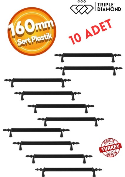 160 mm Siyah Çekmece Kulpları Dolap Mobilya Kulp Sert Polimer Kulpu Vidadahil ( 16 cm ) = 160 mm ( 10 Adet )