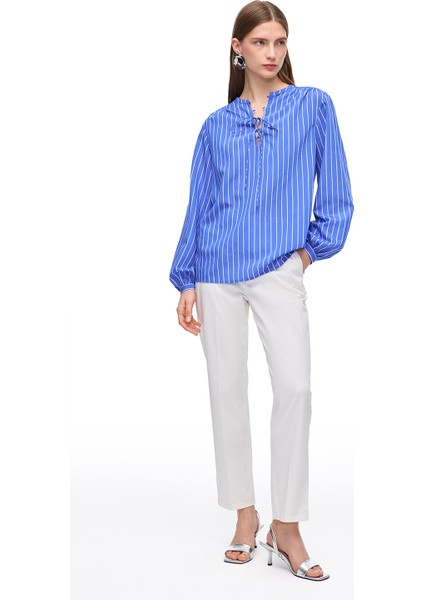 Saks Metz Rahat Kalıp Bisiklet Yaka Çizgili Bluz