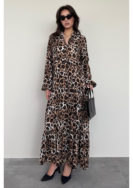 Kahverengi Leopar Desenli Düğmeli Kadın Elbise MG2399