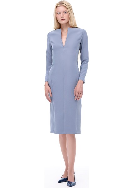 Morningstar Slim Fit Midi Boy Takma Kol Bisiklet Yaka Gri Elbise