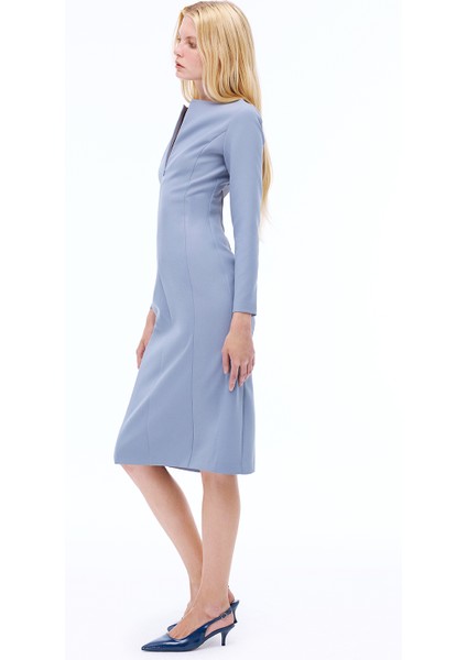 Morningstar Slim Fit Midi Boy Takma Kol Bisiklet Yaka Gri Elbise fiyatları