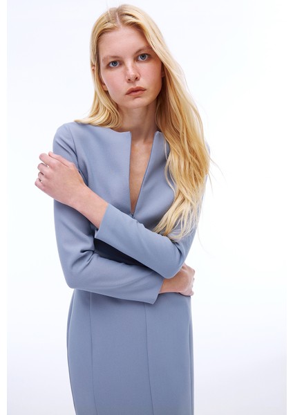 Morningstar Slim Fit Midi Boy Takma Kol Bisiklet Yaka Gri Elbise fırsatları