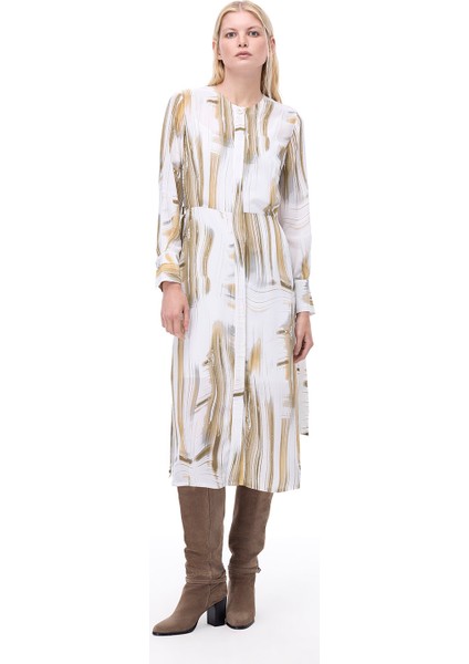 Serenity Regular Fit Soyut Desenli Midi Boy Takma Kol Bisiklet Yaka Ekru Renk Elbise