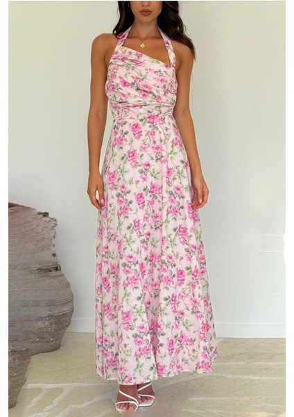 Pembe Önü Büzgülü Çiçekli Uzun Elbise MG2363