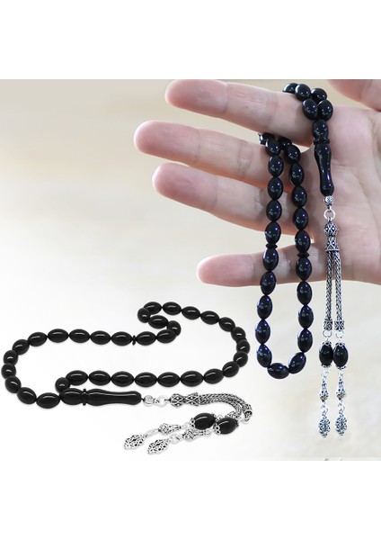 925 Ayar Gümüş Çift Püsküllü Arpa Kesim Siyah Sıkma Kehribar Tesbih