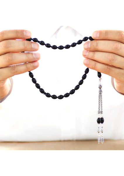 925 Ayar Gümüş Çift Püsküllü Arpa Kesim Siyah Sıkma Kehribar Tesbih fiyatları