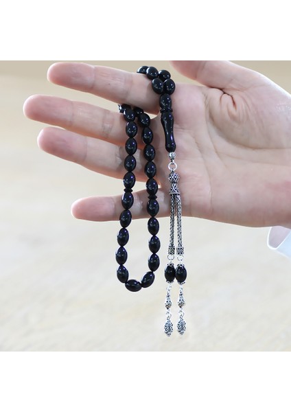 925 Ayar Gümüş Çift Püsküllü Arpa Kesim Siyah Sıkma Kehribar Tesbih modelleri