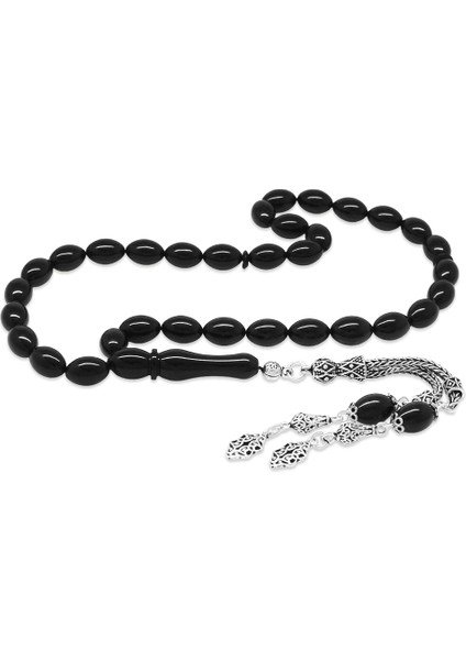 925 Ayar Gümüş Çift Püsküllü Arpa Kesim Siyah Sıkma Kehribar Tesbih fırsatları