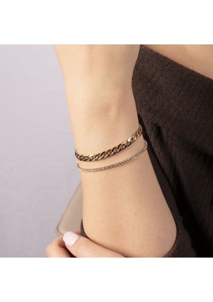 Çift Zincir ve Suyolu Gold Çelik Bileklik NUR-CB00032