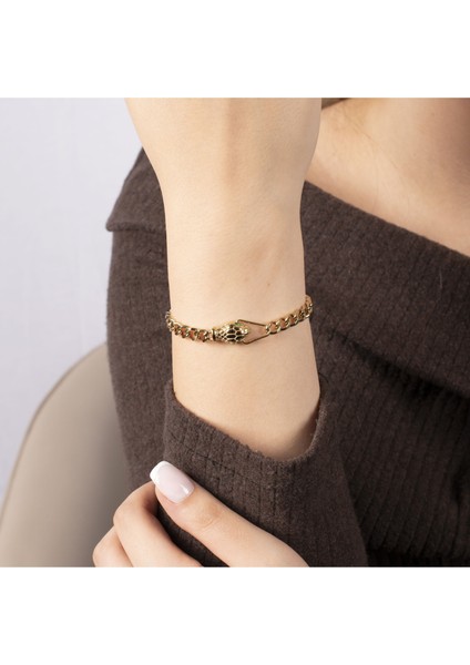Yeşil Göz Yılan Kafa Zincirli Gold Çelik Bileklik NUR-CB00030