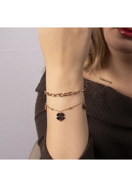 Rose Gold Ikili Zincir ve Yonca Model Çelik Bileklik NUR-CB00018