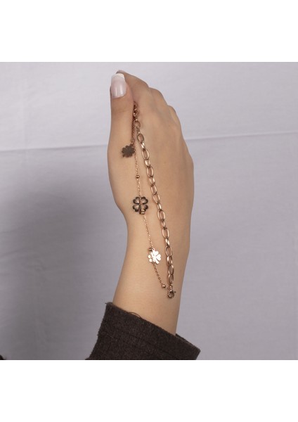 Rose Gold Ikili Zincir ve Yonca Model Çelik Bileklik NUR-CB00018 fiyatları