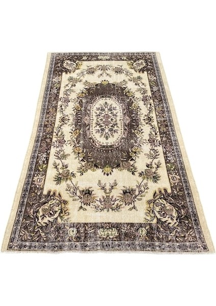 El Dokuma Vintage Retro Salon Halısı 170 x 285 cm Kahve Krem Yün Halı
