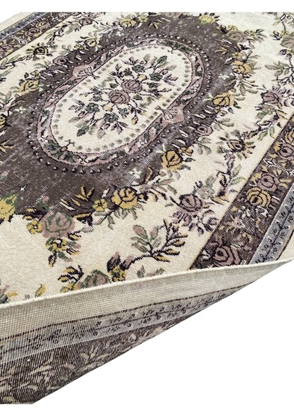 El Dokuma Vintage Retro Salon Halısı 170 x 285 cm Kahve Krem Yün Halı
