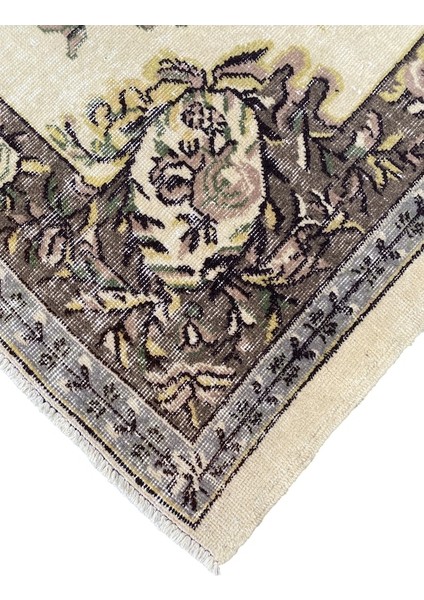 El Dokuma Vintage Retro Salon Halısı 170 x 285 cm Kahve Krem Yün Halı