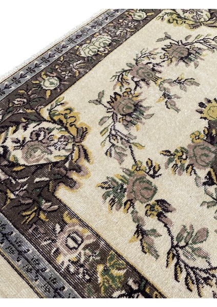El Dokuma Vintage Retro Salon Halısı 170 x 285 cm Kahve Krem Yün Halı