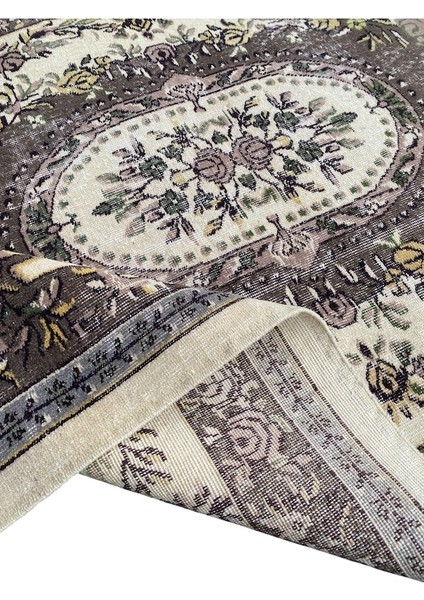 El Dokuma Vintage Retro Salon Halısı 170 x 285 cm Kahve Krem Yün Halı