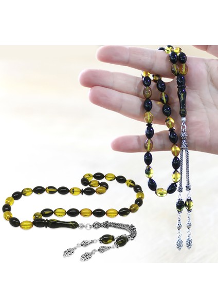 925 Ayar Gümüş Çift Püsküllü Arpa Kesim Sarı-Siyah Ateş Kehribar Tesbih