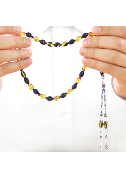 925 Ayar Gümüş Çift Püsküllü Arpa Kesim Sarı-Siyah Ateş Kehribar Tesbih fiyatları