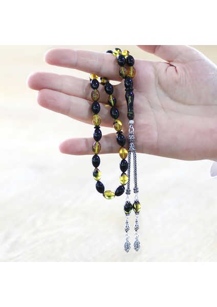 925 Ayar Gümüş Çift Püsküllü Arpa Kesim Sarı-Siyah Ateş Kehribar Tesbih modelleri