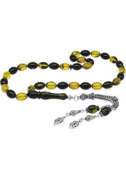 925 Ayar Gümüş Çift Püsküllü Arpa Kesim Sarı-Siyah Ateş Kehribar Tesbih fırsatları