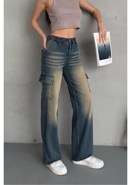 Kadın Vintage Efektli Yüksek Bel Wide Leg Kargo Pantolon