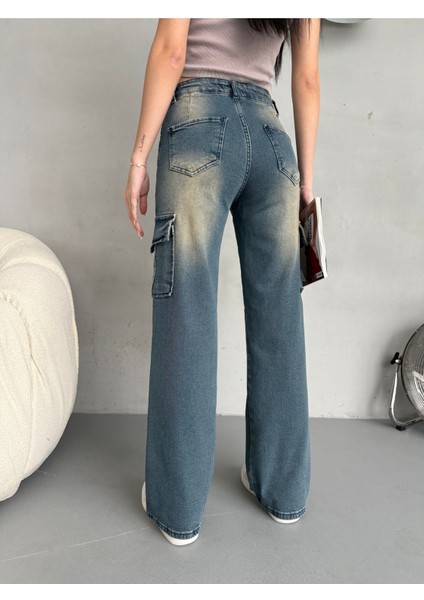 Kadın Vintage Efektli Yüksek Bel Wide Leg Kargo Pantolon fırsatları