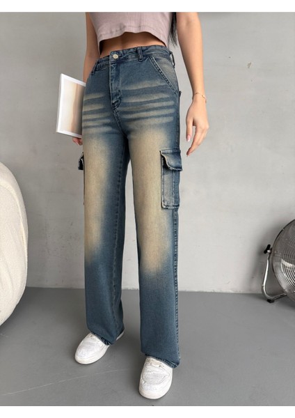 Kadın Vintage Efektli Yüksek Bel Wide Leg Kargo Pantolon indirimleri