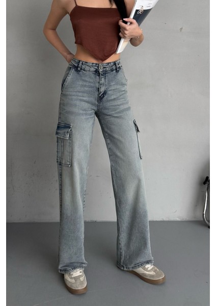 Kadın Vintage Efektli Yüksek Bel Wide Leg Kargo Pantolon