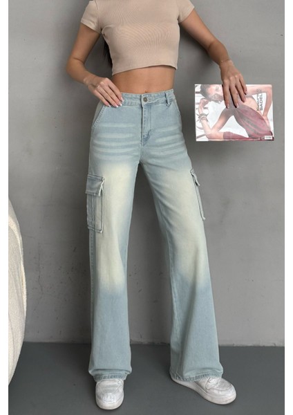 Kadın Vintage Efektli Yüksek Bel Wide Leg Kargo Pantolon