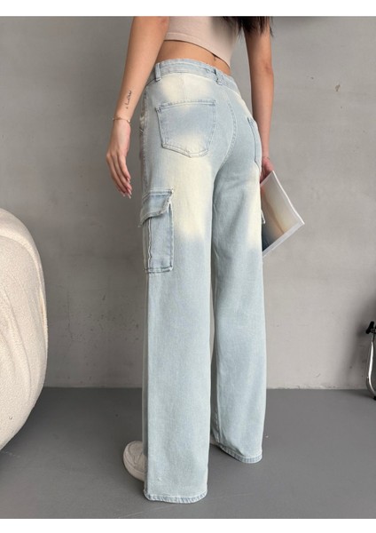 Kadın Vintage Efektli Yüksek Bel Wide Leg Kargo Pantolon fırsatları