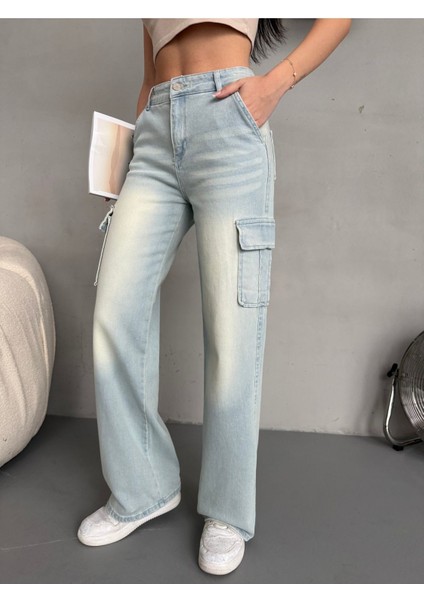 Kadın Vintage Efektli Yüksek Bel Wide Leg Kargo Pantolon indirimleri