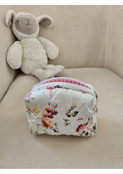 Pembe Çiçekli Bahar Model Küçük Boy Makyaj Çantası, Seyahat Çantası, Ruj Çantası, Organizer 7X7X13