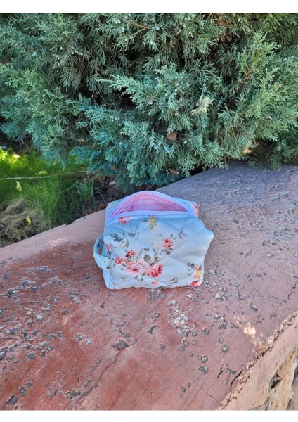 Pembe Çiçekli Bahar Model Küçük Boy Makyaj Çantası, Seyahat Çantası, Ruj Çantası, Organizer 7X7X13