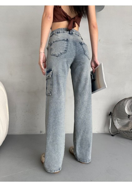 Kadın Vintage Efektli Yüksek Bel Wide Leg Kargo Pantolon fırsatları
