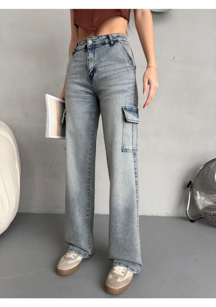 Kadın Vintage Efektli Yüksek Bel Wide Leg Kargo Pantolon indirimleri