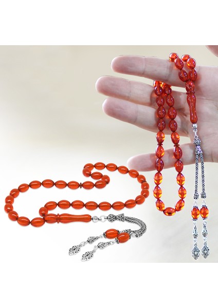 925 Ayar Gümüş Çift Püsküllü Arpa Kesim Amber Kırmızı Ateş Kehribar Tesbih