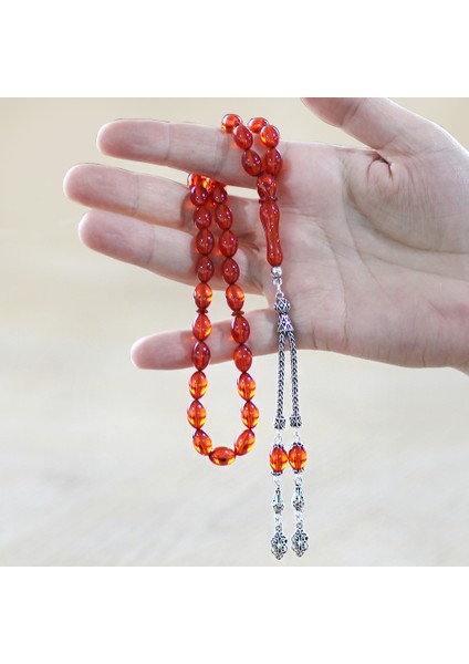 925 Ayar Gümüş Çift Püsküllü Arpa Kesim Amber Kırmızı Ateş Kehribar Tesbih