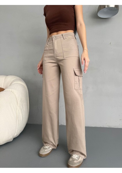 Kadın Kargo Straight Fit Yüksek Bel Geniş Paça Pantolon
