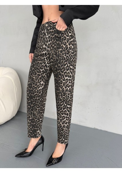 Kadın Leopar Desen Yüksek Bel Likralı Mom Jean