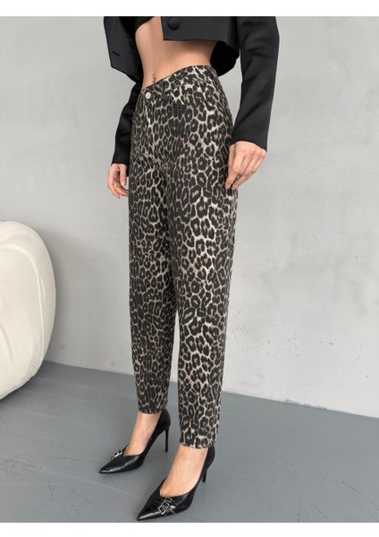 Kadın Leopar Desen Yüksek Bel Likralı Mom Jean fiyatları