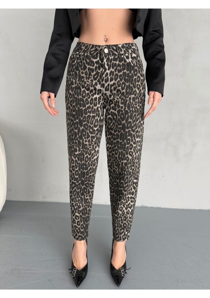 Kadın Leopar Desen Yüksek Bel Likralı Mom Jean modelleri