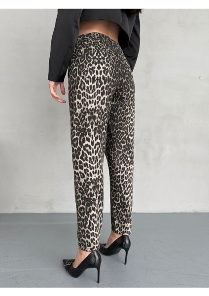 Kadın Leopar Desen Yüksek Bel Likralı Mom Jean fırsatları
