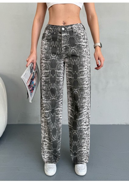 Kadın Yılan Desen Yüksek Bel Likralı Wide Leg Pantolon