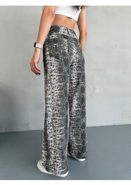 Kadın Yılan Desen Yüksek Bel Likralı Wide Leg Pantolon