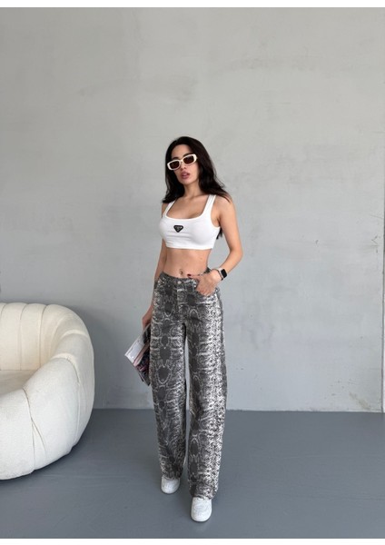 Kadın Yılan Desen Yüksek Bel Likralı Wide Leg Pantolon